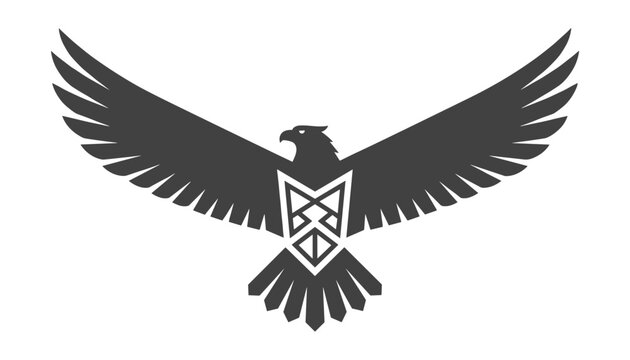 Majestic black eagle silhouette with a modern geometric emblem on its chest, isolated on a white background.