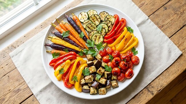 A colorful plate of fresh grilled vegetables including carrots peppers and zucchini on wooden table. Kosher cuisine