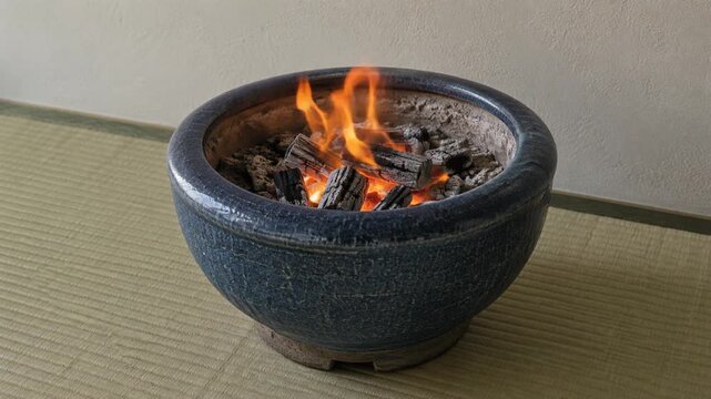 Burning Charcoal in Traditional Japanese Hibachi on Tatami Mat