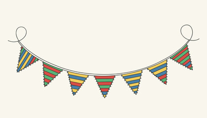 Obraz premium Colorful triangular bunting holiday banner with striped pattern hanging gracefully on a clean off-white background.