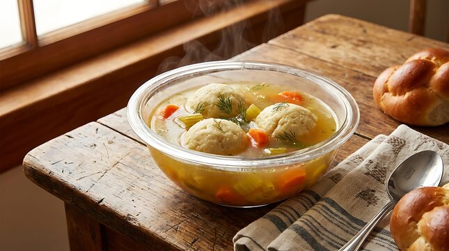 A warm bowl of homemade chicken soup with vegetables and matzo balls on a rustic wooden table top. Kosher cuisine