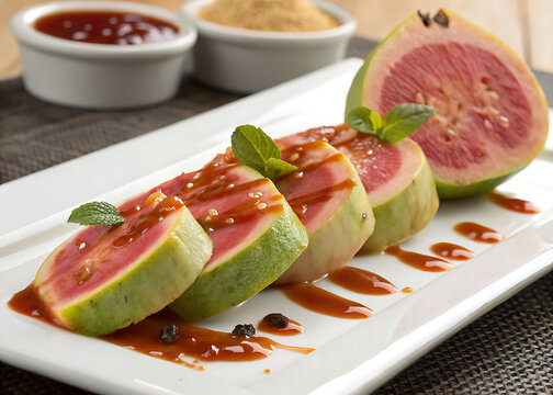 Bahamian Guava Duff sliced with rum sauce, elegant presentation
