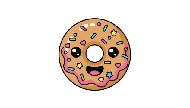 Sweet cartoon donut dessert character with colorful sprinkles, tasty pink frosting, and a happy smiling face icon.