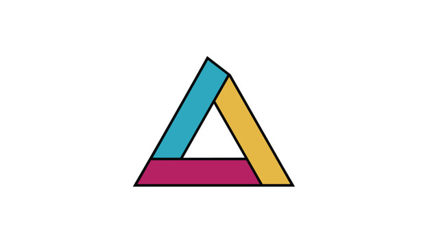 Impossible geometric penrose triangle in vibrant yellow, pink, and blue colors showing a neat optical illusion.