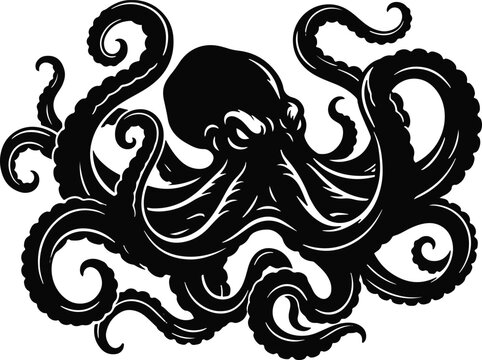 Vintage style black octopus silhouette with detailed tentacles silhouette tentacles creature illustration monochrome wildlife cephalopod underwater abstract