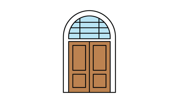 Classic wooden double entrance door with an elegant arched glass transom window isolated on a white background.