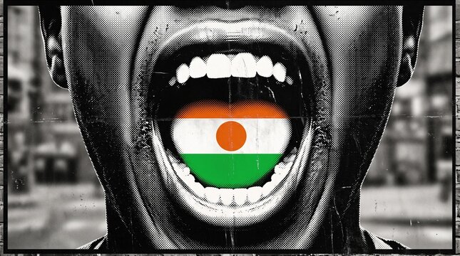 A stark black and white image of a person's open mouth, with the flag of Niger prominently displayed on their tongue, conveying a powerful message of protest or a cry for help.
