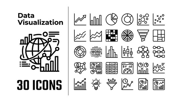 Data Visualization Icon Set: A comprehensive collection of 30 minimalist line icons representing various data visualization charts, graphs, and diagrams, perfect for business reports, analytics.
