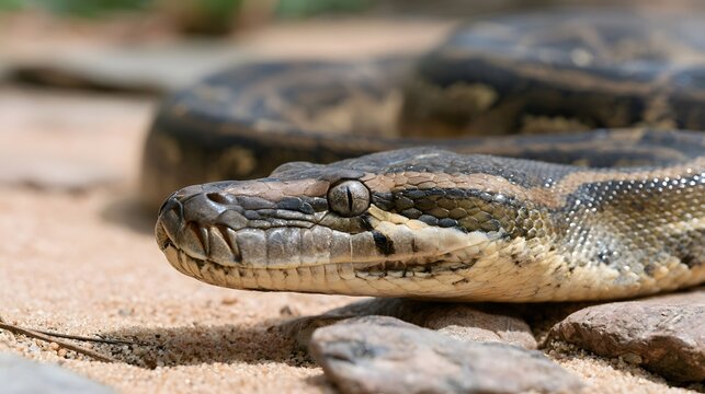 A close up of a python resting on sandy ground with rocks  showing detailed scales and a focused eye under bright sunlight