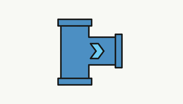 Blue industrial T-shaped plumbing pipe fitting connector with a flow direction arrow on a plain white background.