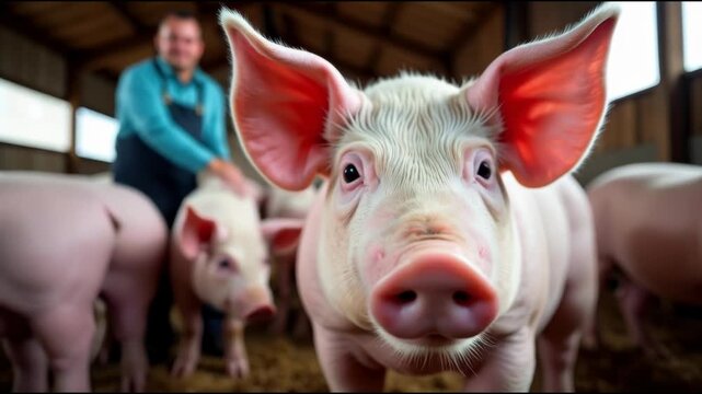 A person standing next to a group of pigs, likely in a farm or rural setting
