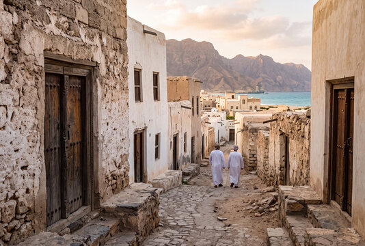 Scenic traditional streets of Mirbat in Dhofar, Oman, featuring historic architecture, mountain views, coastal scenery, and an authentic Arabian town atmosphere.