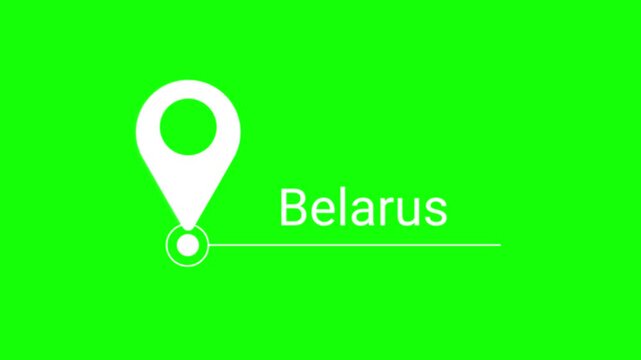 Location pin marker pointing at Belarus text on green screen chroma key background.