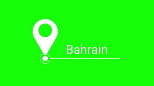 Location pin marker pointing at Bahrain text on green screen chroma key background.