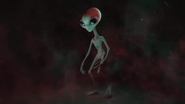 3D animation of humanoid monster character with big black eyes creeping in smoky atmosphere and flying particles background.
