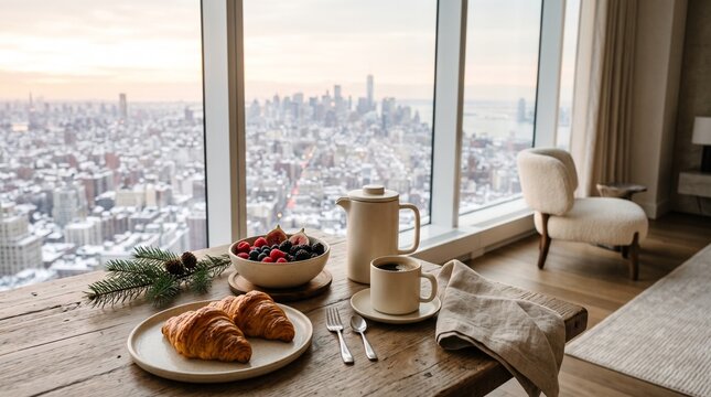 Ultra-realistic premium stock photograph of an elegant winter morning breakfast scene in a modern high-rise apartment, rustic wooden dining table beside large floor-to-ceiling windows, panoramic snowy