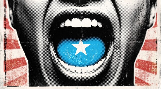 Screaming mouth with Somali flag tongue against distressed American flag background.