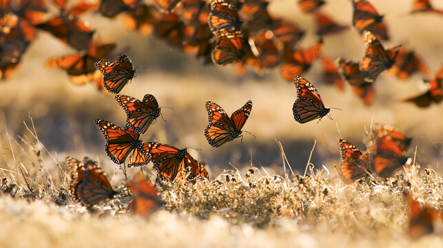 Flock of monarch butterflies flying over dry grass in golden sunlight. Beautiful orange insects in nature during seasonal migration. Wildlife and freedom concept for environment and spring background