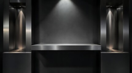 Fototapeta premium Modern empty display shelf with spotlights in a dark room.