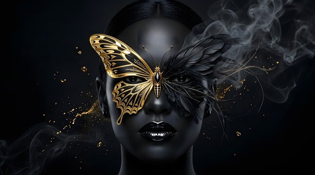 Portrait of woman with golden butterfly mask and dark smoky background