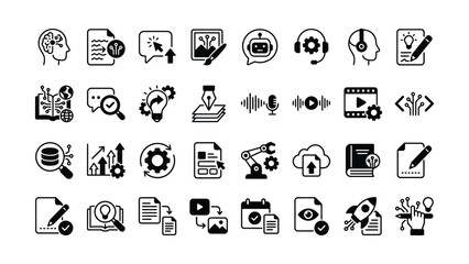 Fototapeta premium Set of flat black line icons representing technology software development business processes and creative digital workflow elements