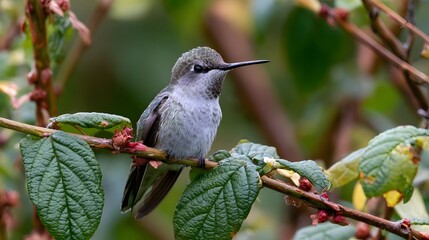 Obraz premium A small hummingbird perches on a branch surrounded by green leaves and red buds in a natural setting