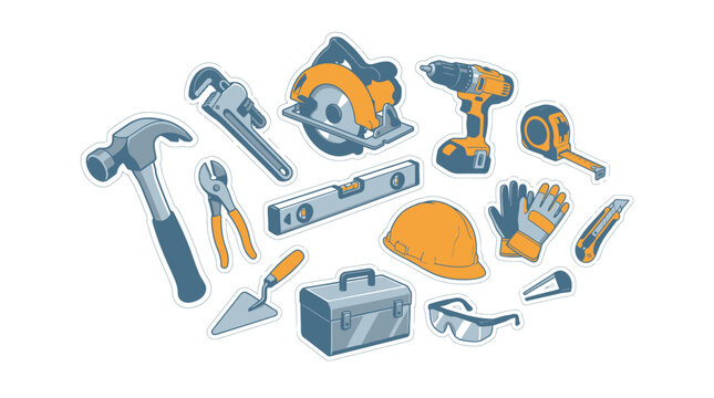 Construction tools vector set with hammer, drill, saw and safety equipment for renovation.