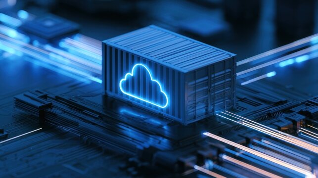 3 d rendering of a shipping container with a neon cloud logo on a circuit board with glowing data streams