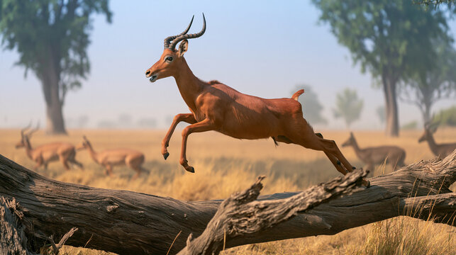 Impala antelope jumping over fallen log in African savanna. Herd of antelopes grazing on grassland in morning mist. Wild animal freedom, speed and wildlife of Africa nature concept.
