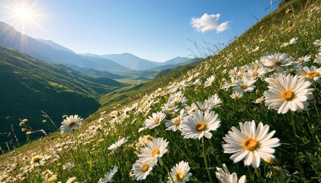 A vibrant meadow filled with blooming daisies set against a mountain valley view
