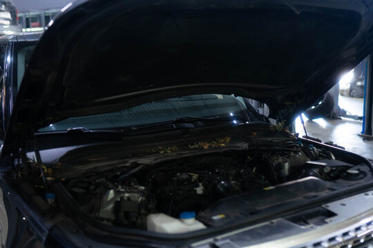 Open hood reveals engine bay inside repair garage for inspection. Technician checks hoses and caps recording condition for service log