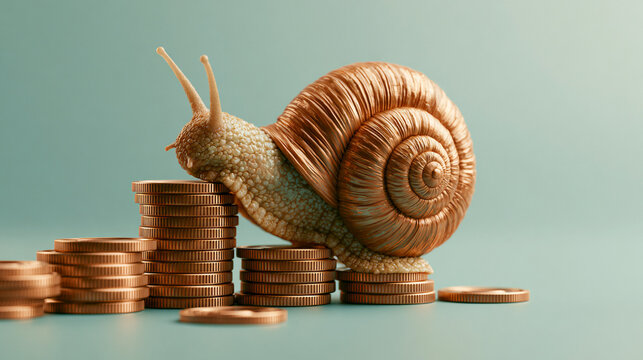 A creative representation of a snail crawling over stacks of coins, symbolizing slow but steady financial growth and investment
