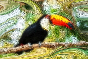 Naklejka premium A vibrant digital artwork featuring a toucan perched on a branch, highlighted by its striking multicolored beak and contrasting black-and-white plumage. The background blends swirling abstract foliage