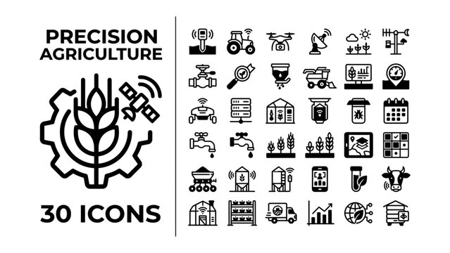 Precision Agriculture Icons: A comprehensive set of 30 modern icons representing smart farming and agricultural technology, including drones, tractors, satellite, and data analysis.