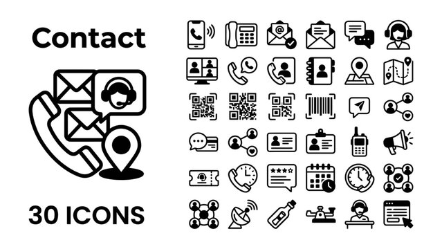 Contact Icon Set: A comprehensive collection of 30 communication and contact icons, illustrating various methods of connection and interaction, including phone, mail, chat, and location services.