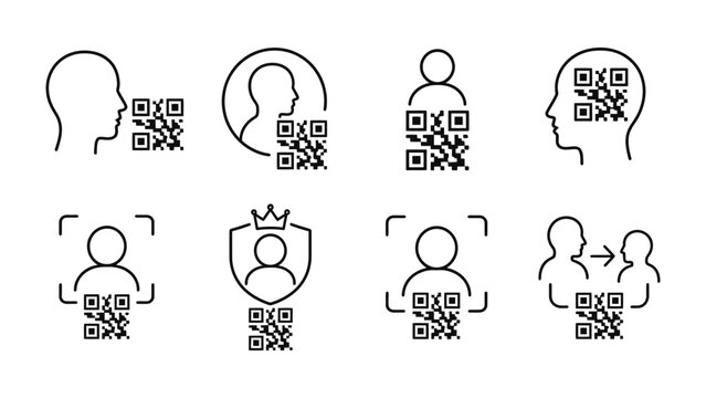 QR Code Identity Icons: A collection of minimalist icons illustrating the integration of QR codes with human profiles, symbolizing digital identity verification and data access.