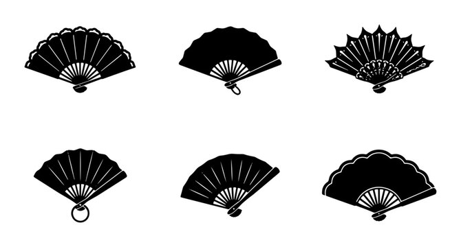 Elegant Black Folding Fans, Traditional Japanese Handheld Accessories, Decorative Cultural Elements, Vector Set