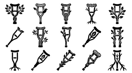 Fototapeta premium Set of medical crutch icons merged with natural leaf and branch elements for healing concepts