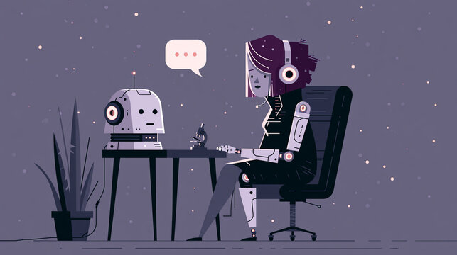A futuristic scene featuring a robot and a humanoid companion engaging in conversation, set in a space-like environment. Ideal for themes of AI and human interaction.