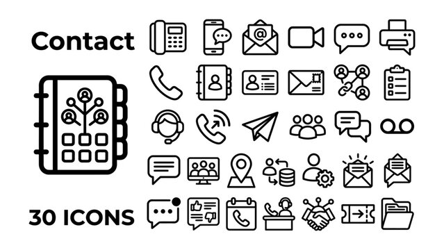 Contact Icon Set: A comprehensive collection of 30 vector icons representing various forms of communication and contact methods, including telephone, email, messaging, and social media.