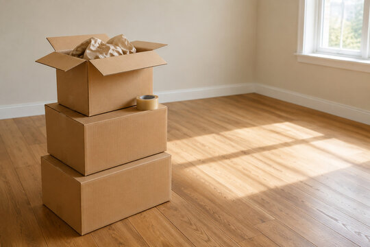 Stacked cardboard moving boxes with packing paper and tape in bright empty room