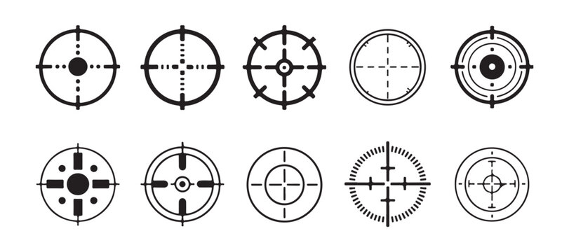 Set of crosshair and aiming scope icons for shooters gamers or military sniper sight applications.