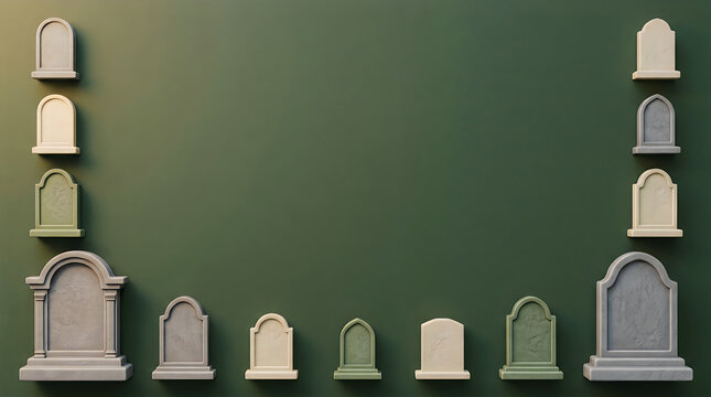 Spooky halloween 3d graveyard background design featuring various gravestones and tombstones on a dark green empty backdrop