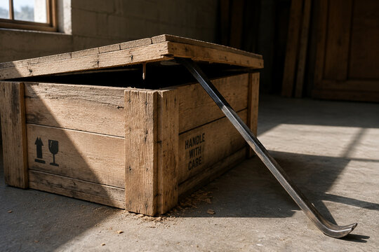Steel pry bar opening wooden shipping crate lid, tools and construction concept