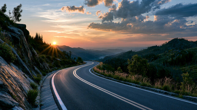 A scenic road winding through a lush green landscape at sunset, with vibrant colors in the sky reflecting the tranquil beauty of nature, inviting travelers to explore.
