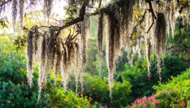 Spanish moss hanging from tree branches in forest.