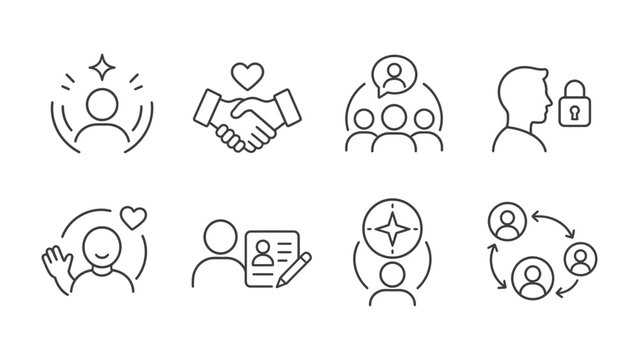 People Icons Set: A collection of clean, minimalist line art icons depicting various aspects of human interaction, personal attributes, and professional collaboration.