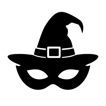 Black silhouette of a witch hat merged with a masquerade mask for Halloween party costume or branding design