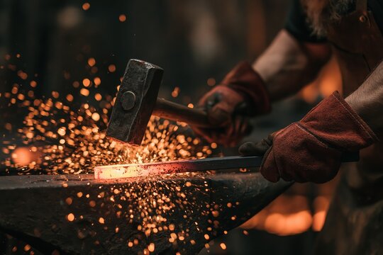 Blacksmith shaping glowing metal with hammer on anvil, sparks flying