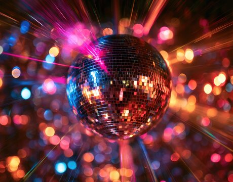 A shimmering spherical mirror ball reflects bright pink laser lights and bokeh